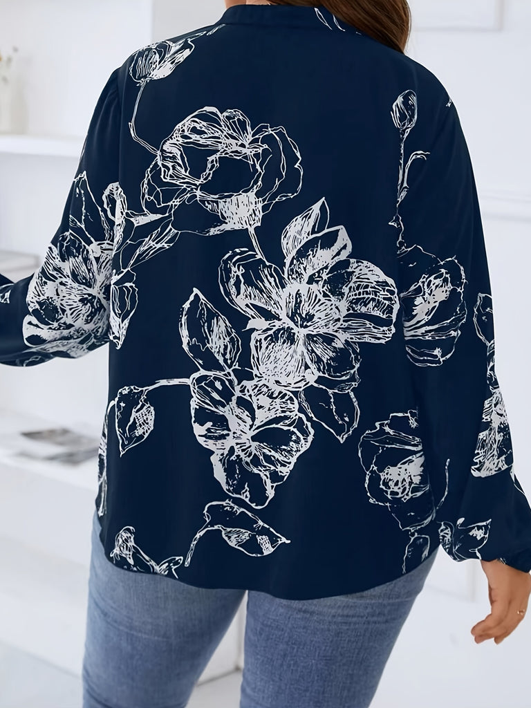 elveswallet  Plus Size Casual Blouse, Women's Plus Floral Print Lantern Sleeve Notched Neck Tunic Top