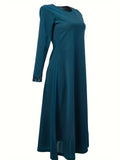 Abstract Print Splicing Dress, Elegant Crew Neck Long Sleeve Midi Dress, Women's Clothing