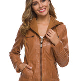 elveswallet  Women's Outerwear Long Sleeve Ladies Leather Jacket Solid Side Stripe PU Leather