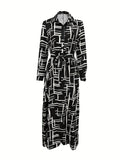 Abstract Print Button Front Dress, Casual Long Sleeve Maxi Dress, Women's Clothing