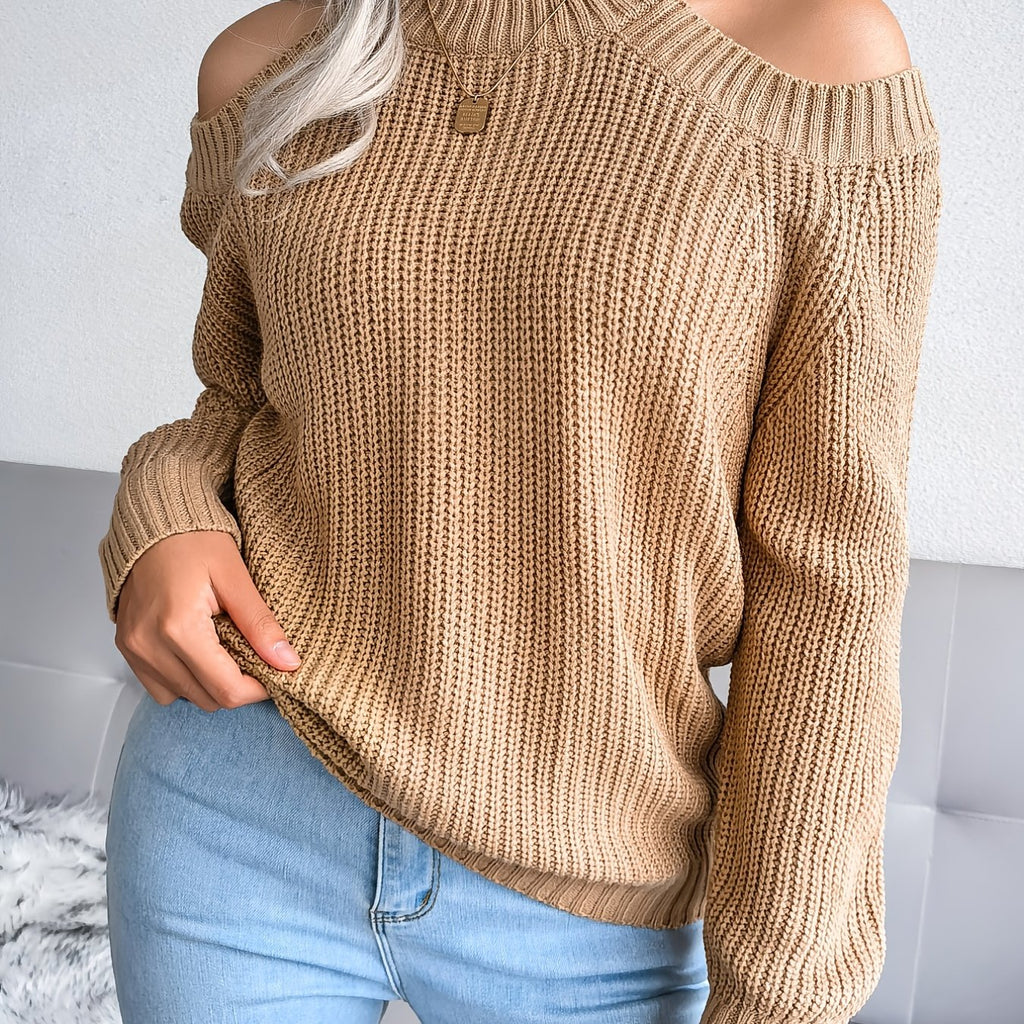 elveswallet  Solid Color Crew Neck Cold Shoulder Knitted Tops, Casual Everyday Pullover Sweaters, Women's Clothing