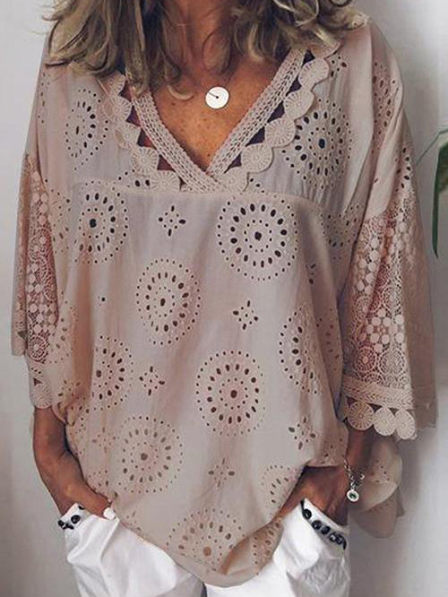 Hollow V Neck Bat Women's Blouse