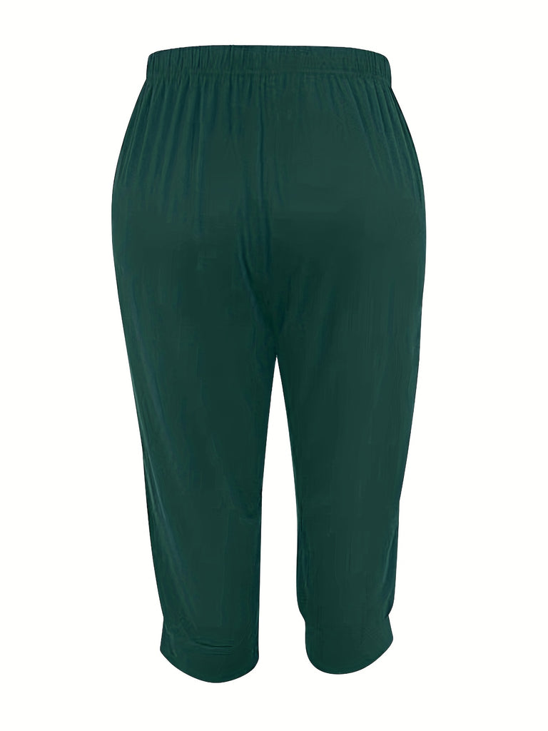elveswallet  Plus Size Casual Capri Pants, Women's Plus Solid Medium Stretch Drawstring Capri Leggings