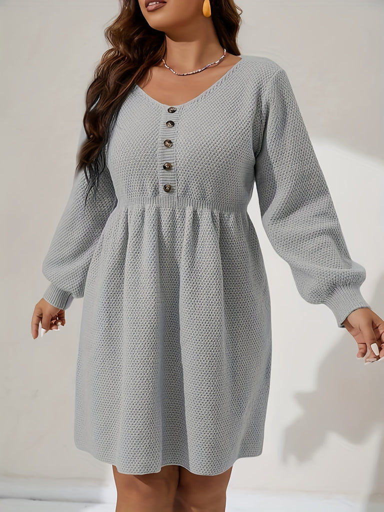 Plus Size Casual Sweater Dress, Women's Plus Solid Lantern Sleeve Nipped Waist Henley Sweater Dress