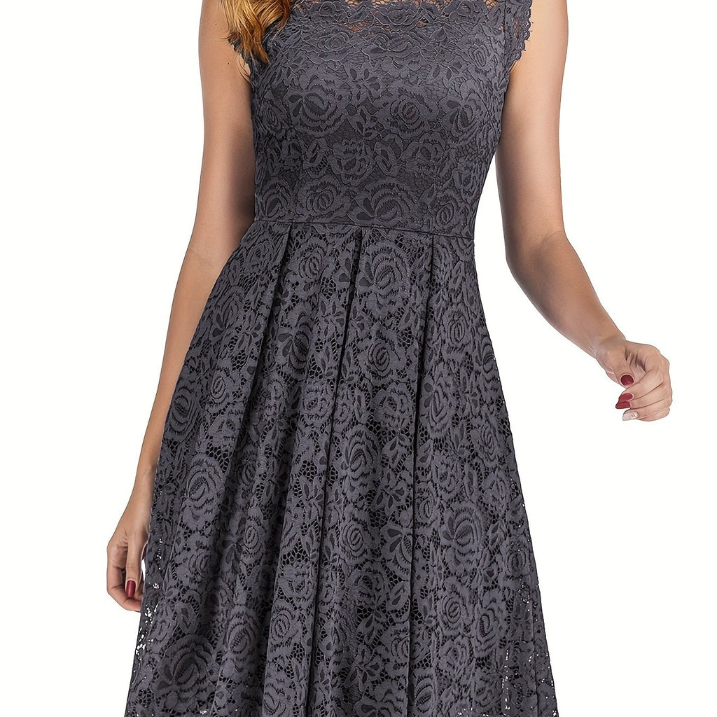 Solid Elegant Sleeveless Lace Dress, Back To School Cocktail Prom Party Dress, Women's Clothing