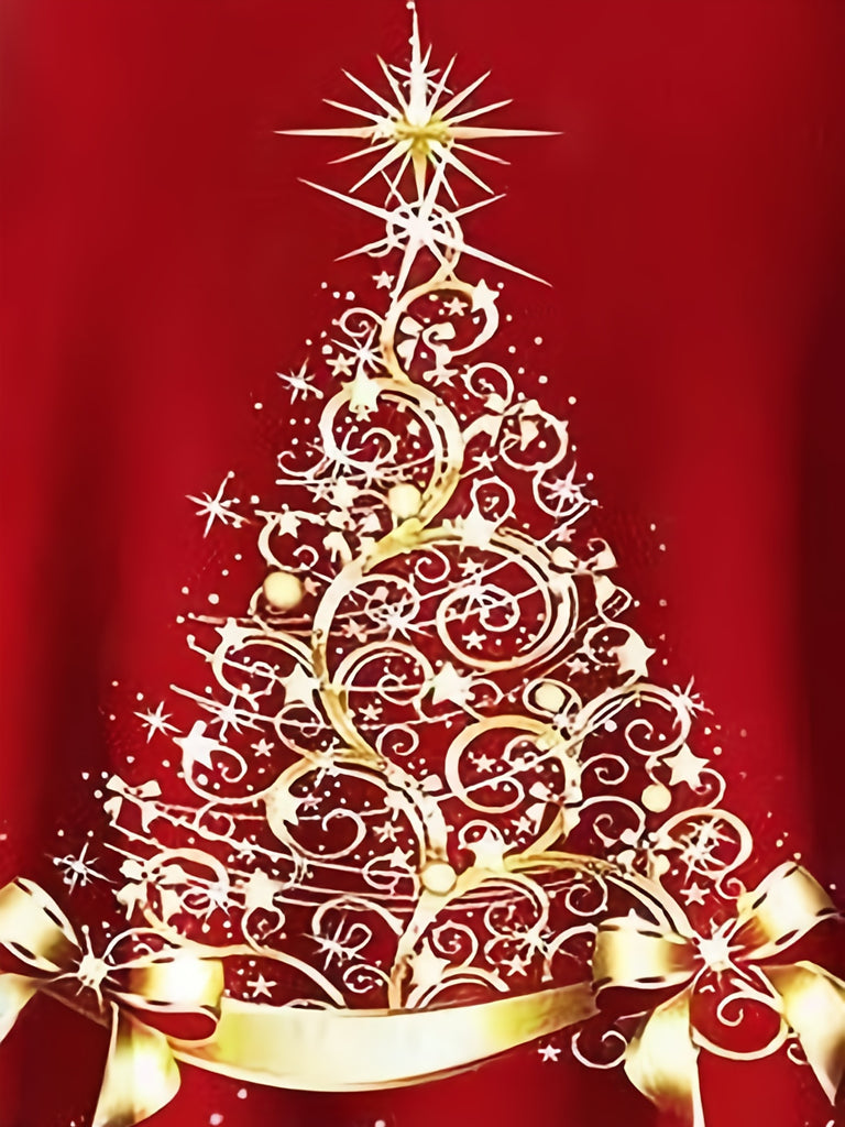 elveswallet  Plus Size Christmas Casual Top, Women's Plus Tree & Snowflake Print Long Sleeve Round Neck Medium Stretch Top