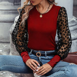 elveswallet  Solid Color Lace Patchwork Ballon Sleeve Ribbed Knit Tops, Elegant Everyday Blouse, Women's Clothing