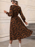 elveswallet  Leopard Print Crew Neck Dress, Elegant Long Sleeve Dress For Spring & Summer, Women's Clothing