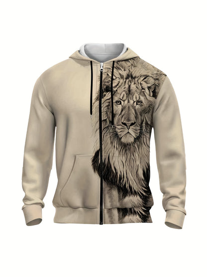 Plus Size Men's 3D Lion Print Hooded Jacket Oversized Hoodie With Zipper For Autumn/winter, Men's Clothing