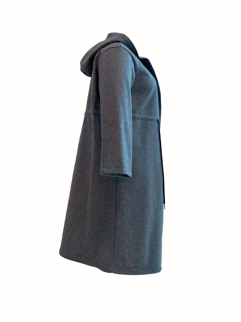 elveswallet  Plus Size Casual Coat, Women's Plus Solid Long Sleeve Hooded Drawstring Waist Longline Wool Blend Coat