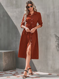 elveswallet  Elegant Belt Slit Dress, Long Sleeve Solid V-neck Single Breasted Fashion Waist Fall & Winter Dresses, Women's Clothing