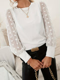 Swiss Dot Mesh Splicing Blouse, Casual Crew Neck Long Sleeve Blouse For Spring & Fall, Women's Clothing