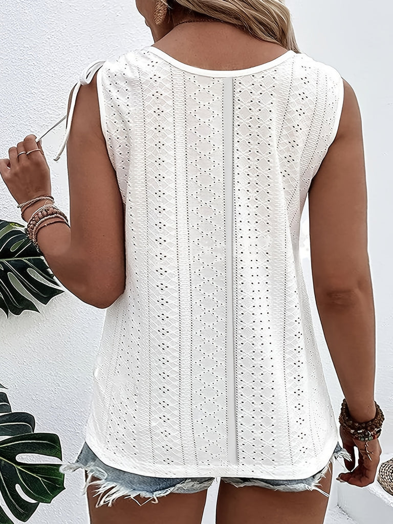 elveswallet  Plus Size Casual Tank Top, Women's Plus Solid Eyelet Embroidered Button Decor Drawstring Round Neck Medium Stretch Tank Top