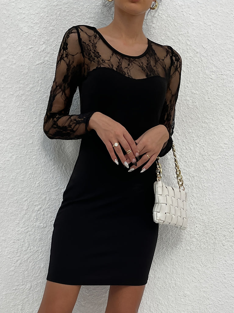 elveswallet  Round Neck Lace Pullover Sexy Dress, Floral Long Sleeve Bodycon Bag Hip Dress, Women's Clothing