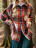 Plus Size Casual Coat, Women's Plus Plaid Print Thickened Long Sleeve Button Up Lapel Collar Coat