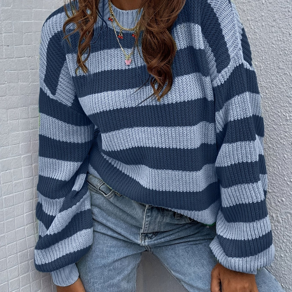 Striped Crew Neck Pullover Sweater, Casual Long Sleeve Drop Shoulder Sweater, Women's Clothing