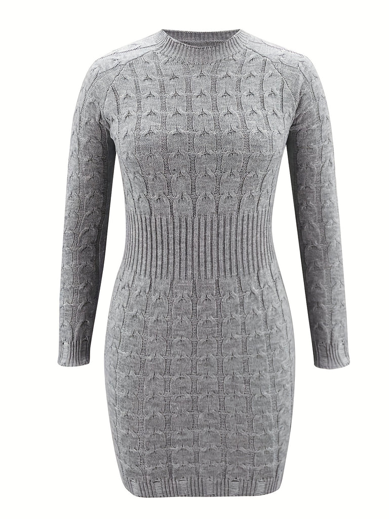 Solid Cable Knit Sweater Dress, Casual Slim Bodycon Dress For Spring & Fall, Women's Clothing