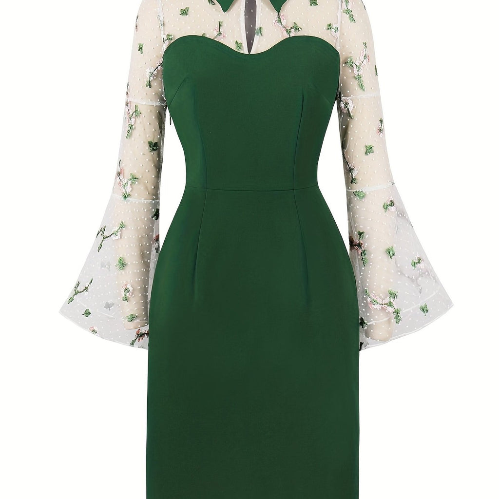 elveswallet  Mesh Stitching Floral Print Dress, Elegant Long Sleeve Lapel Dress, Dress For Party & Banquet, Women's Clothing