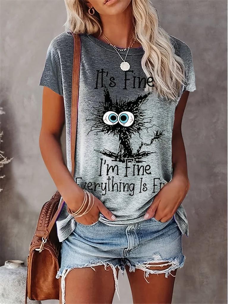 elveswallet  Letter & Cat Print T-Shirt, Crew Neck Short Sleeve T-Shirt, Casual Every Day Tops, Women's Clothing
