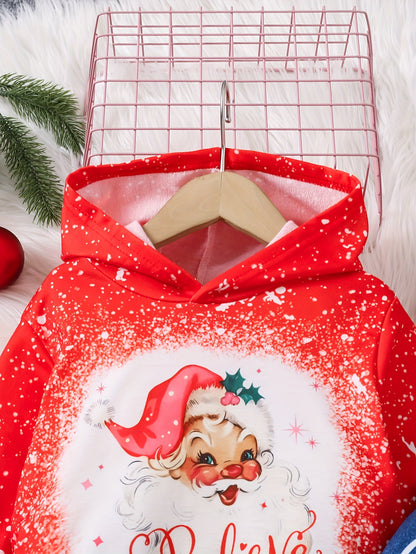 Girls' Festive Christmas 2pcs Set: Santa Print Hoodie & Stretchy Faux Denim Flare Pants - Perfect Holiday Gift, Perfect for Outdoor