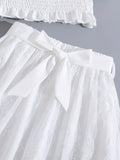 elveswallet  Girls Puff Sleeve Shirred Top & Bow Belted Lace Skirt 2pcs Cute Elegant Kids Clothes