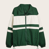 elveswallet  Color Block Zip Up Long Sleeve Jacket, Vintage Loose Spring Warm Outerwear, Women's Clothing
