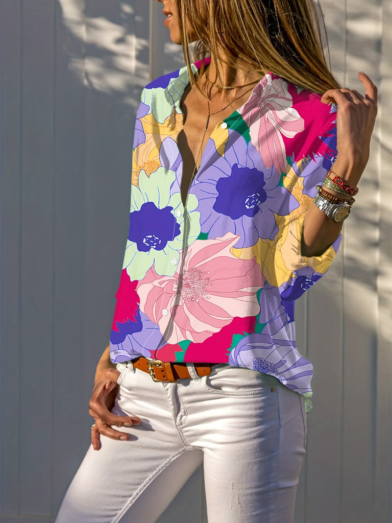 Floral Print Button Front Shirt, Casual Long Sleeve Shirt For Spring & Fall, Women's Clothing