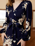 Floral Print V Neck Belted Elegant Dress, Long Sleeve Vacation Every Day Dress, Women's Clothing