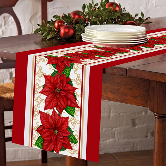 [Customer Favorite] Merry Christmas Table Runner - Large Red Floral & Butterfly Design, Vinyl, Rectangular Holiday Decor for Home, Christmas Decor