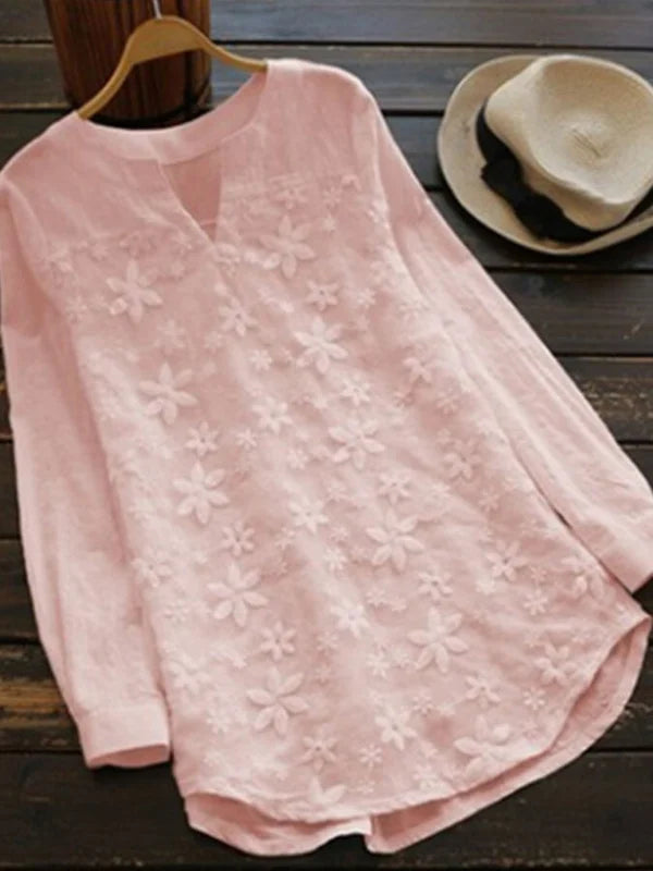 Women's Lace Embroidered Cotton And Linen Long-sleeved Shirt