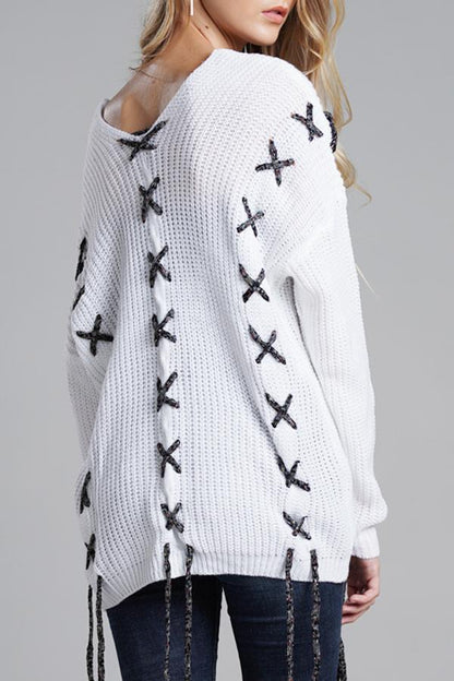 elveswallet Lace-up Leisure Open Knit Sweater