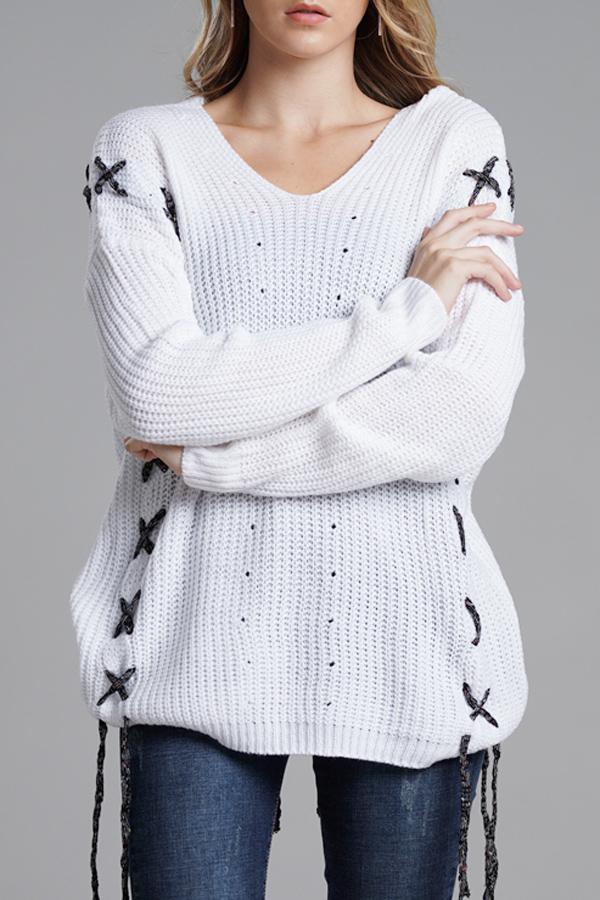 elveswallet Lace-up Leisure Open Knit Sweater