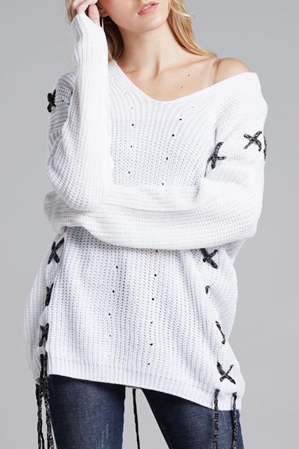 elveswallet Lace-up Leisure Open Knit Sweater