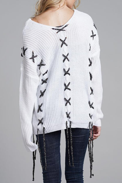 elveswallet Lace-up Leisure Open Knit Sweater