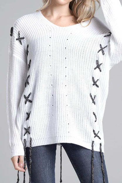 elveswallet Lace-up Leisure Open Knit Sweater