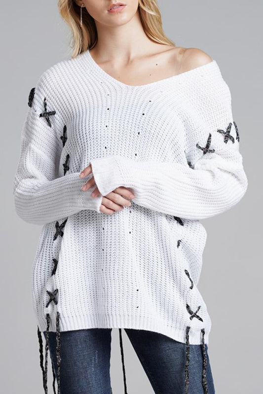 elveswallet Lace-up Leisure Open Knit Sweater