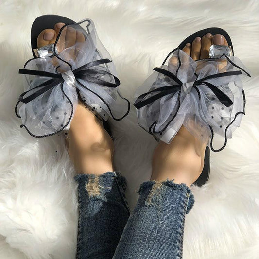 elveswallet Large Size Summer Rhinestone Lace Organza Bow Knot Flat Slippers