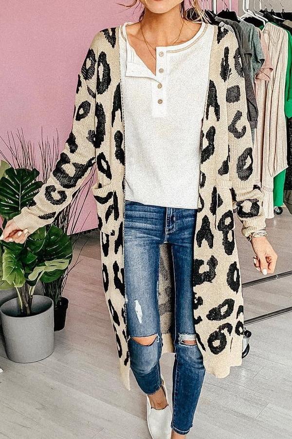 elveswallet Leopard Print Long Sweater Coat