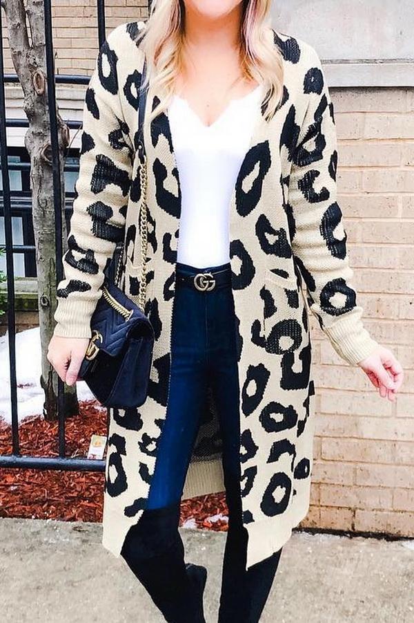 elveswallet Leopard Print Long Sweater Coat