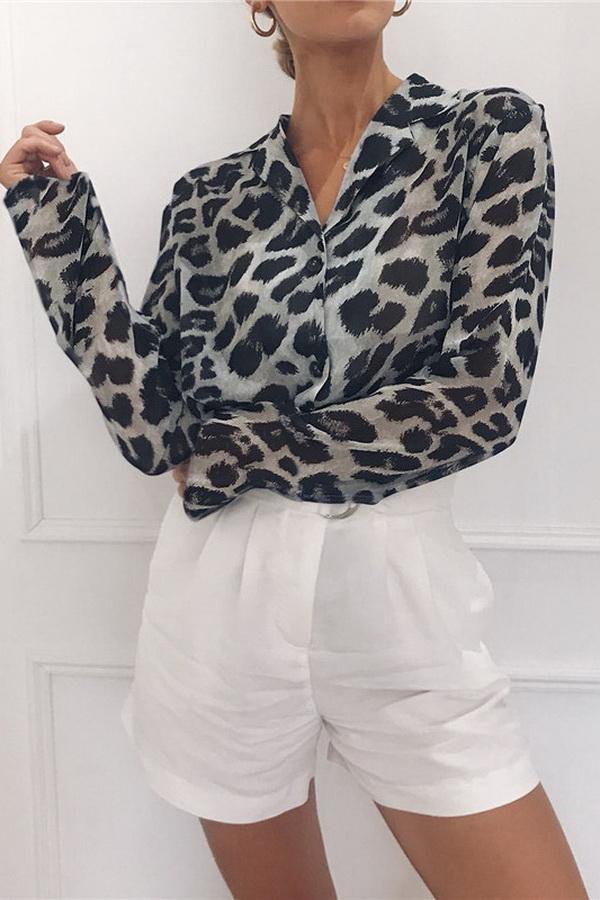 elveswallet Leopard Print V-neck Long Sleeve Chiffon Jacket