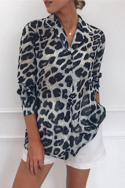 elveswallet Leopard Print V-neck Long Sleeve Chiffon Jacket