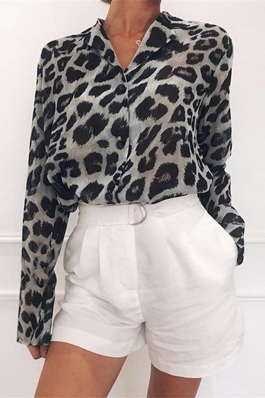 elveswallet Leopard Print V-neck Long Sleeve Chiffon Jacket