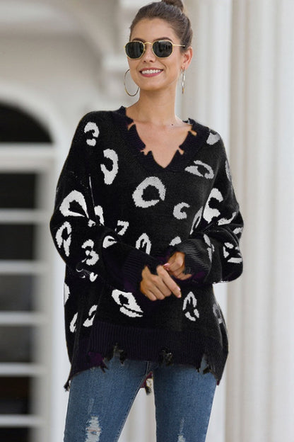 elveswallet Leopard V Neck Frayed Sweater