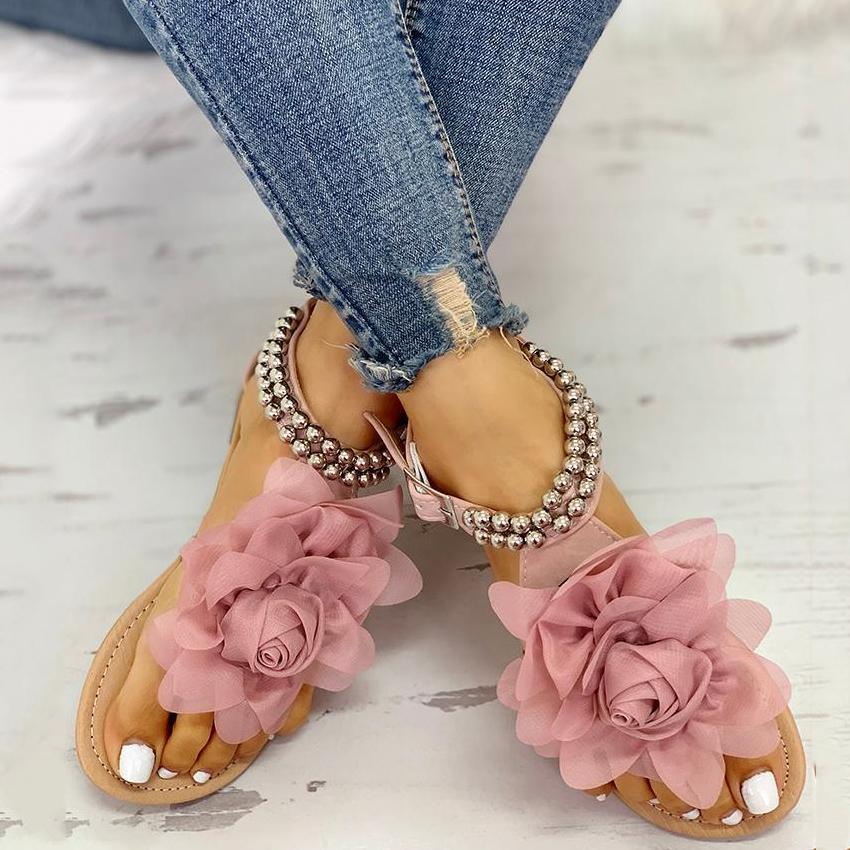 elveswallet Mesh Floral Embellished Beaded Flat Sandals