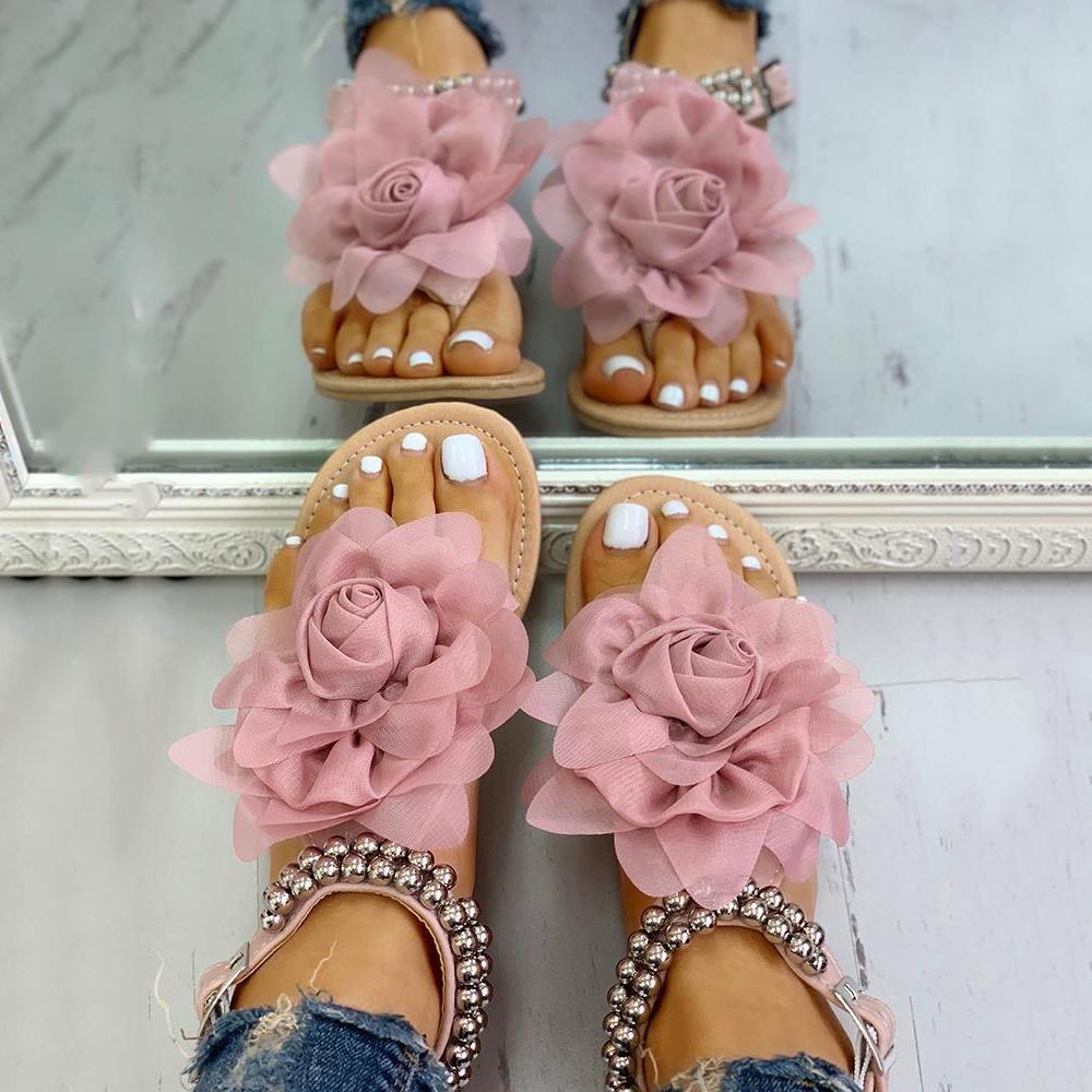 elveswallet Mesh Floral Embellished Beaded Flat Sandals