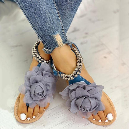 elveswallet Mesh Floral Embellished Beaded Flat Sandals