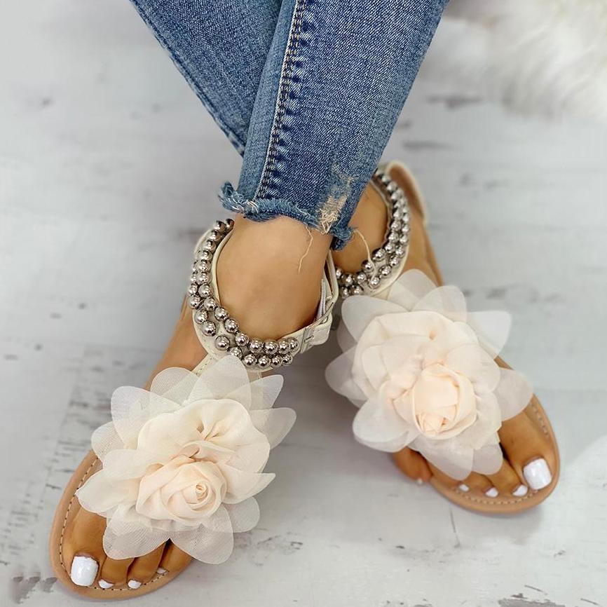 elveswallet Mesh Floral Embellished Beaded Flat Sandals