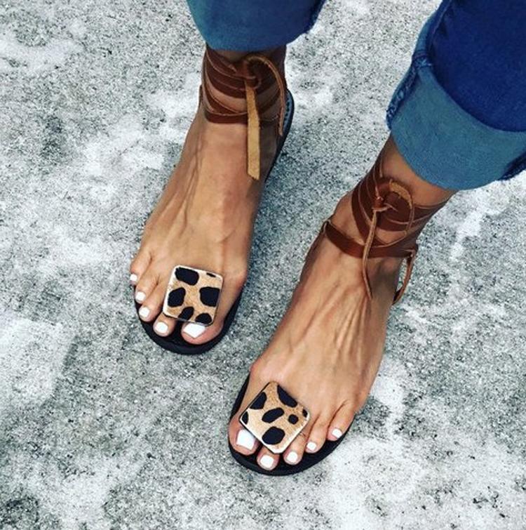 elveswallet Open Toe Leopard Strap Sandals