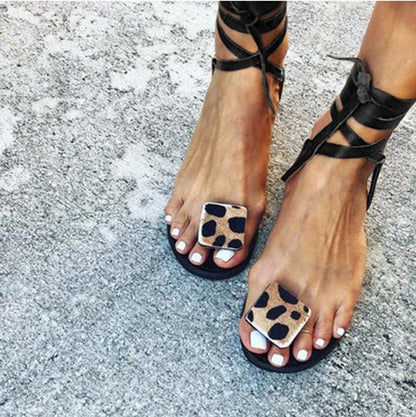 elveswallet Open Toe Leopard Strap Sandals