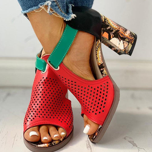 elveswallet Party Print Block High Heels Sandals